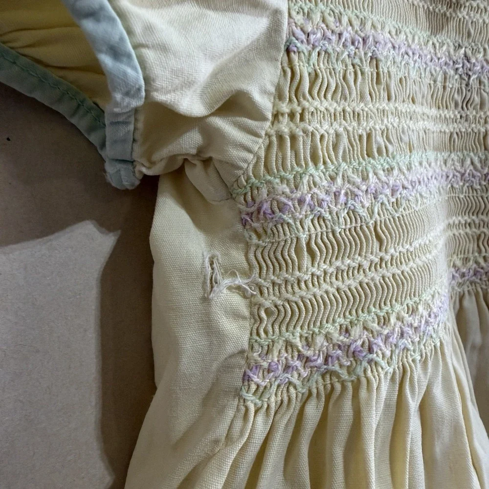 Vtg 50s Nannette Smocked Yellow Toddler Frock Dress Sz 2 Repair Flaws As-Is USA
